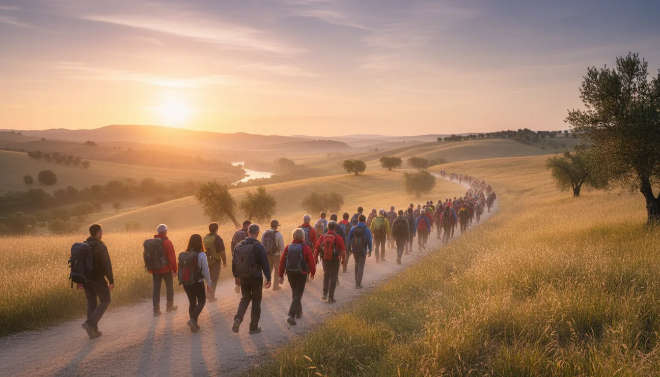Personas caminando juntas al amanecer